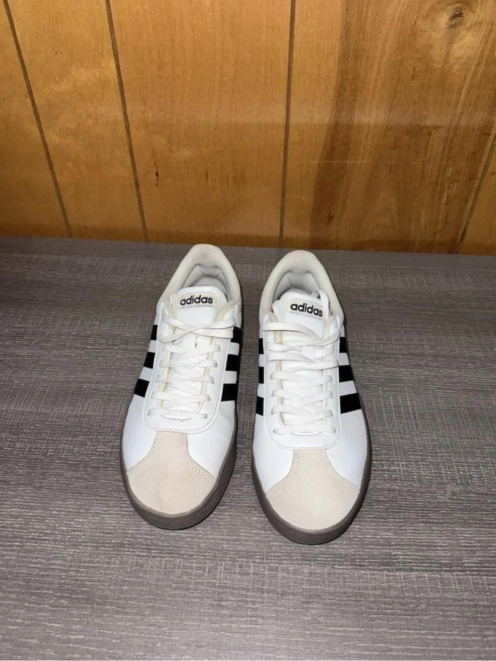 adidas White Sneakers with Black Stripes and Brown Sole